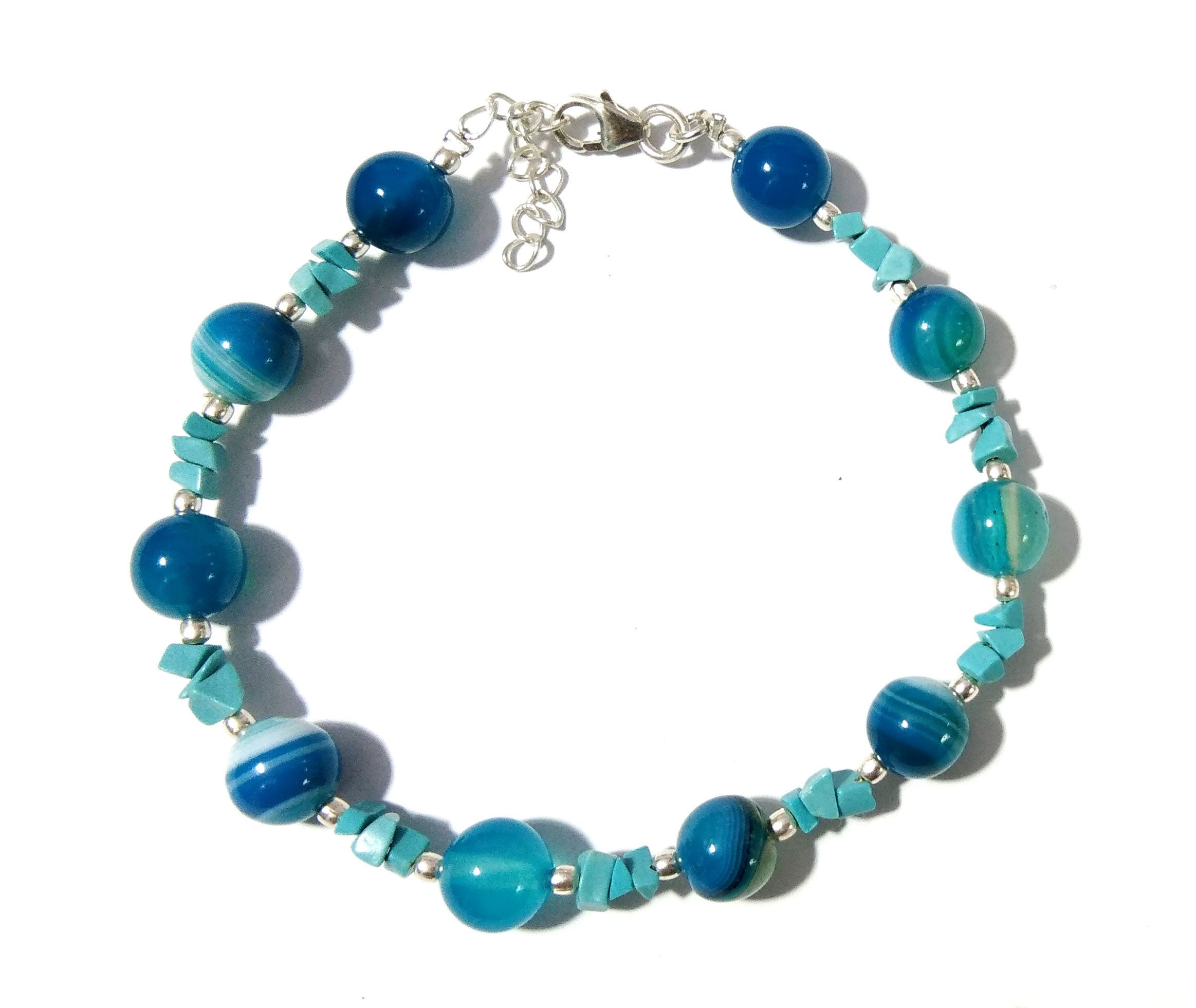 Blue Lace Agate & Turquoise Healing Crystal Beaded Bracelet, Natural Gemstone With 925 Silver Jewelry, Bridesmaid Gift, Friendship Bracelet